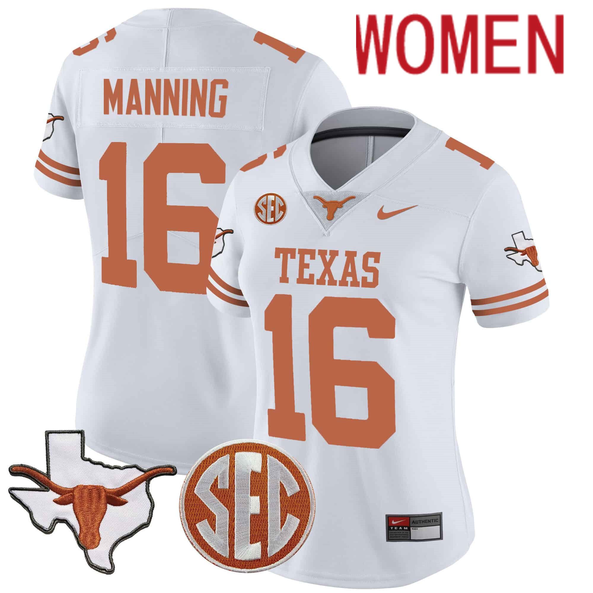 Women Texas Longhorns #16 Manning White 2024 Nike State Map & SEC Patch Vapor NCAA Jersey->women nfl jersey->Women Jersey